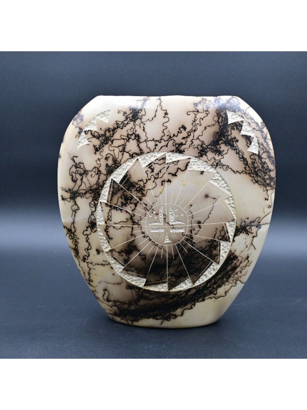 Horse Hair Pottery Vase By T. Vail With Unique Abstract Design & Engraving